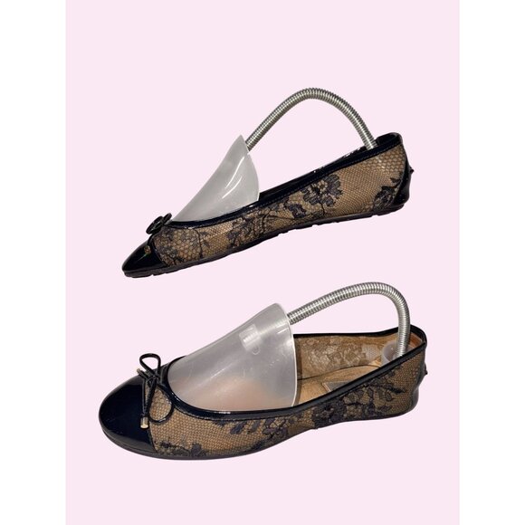 Jimmy Choo Navy Blue Lace Ballet Flats Patent Bow Detail - Picture 2 of 12
